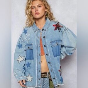 POL “ Star Stud “ Denim Patchwork Jacket | Denim/Plaid